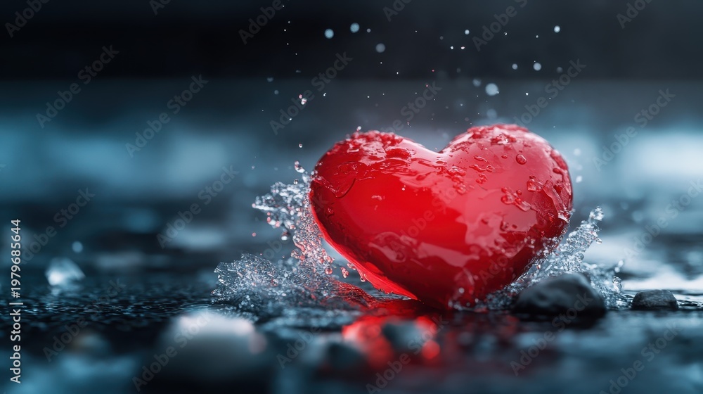 Fototapeta premium A vibrant red heart dramatically splashes into water, creating dynamic droplets and ripples, symbolizing love, passion, and vitality amidst a soothing monochrome backdrop.