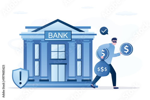 Robber take money out of well-protected bank. Bandit are robbing banking system. Hacker picked up keys and passwords to banking system or user account. Crime