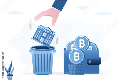 Client hand throwing traditional bank building into trash can, choosing large wallet filled with Bitcoins instead. Shift to digital currency. Crypto protection, blockchain.