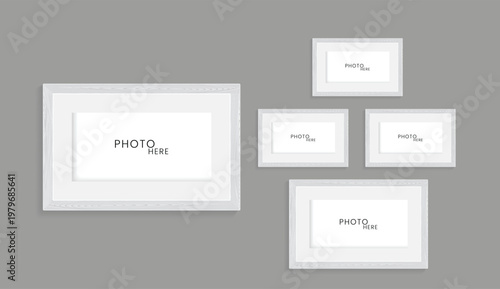Set of grey wooden pattern of photo frames on isolated dark wall, uded in photo mock up vector illustration