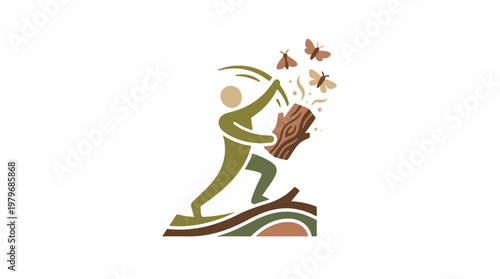 Abstract Figure Chopping Wood Releasing Butterflies