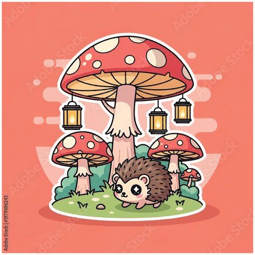 Hedgehog standing under a mushroom.