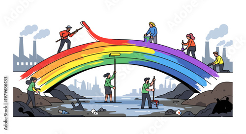 Workers building a rainbow bridge over polluted water with cityscape background