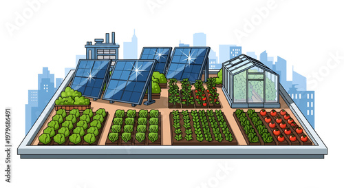 Urban rooftop garden with solar panels and greenhouse