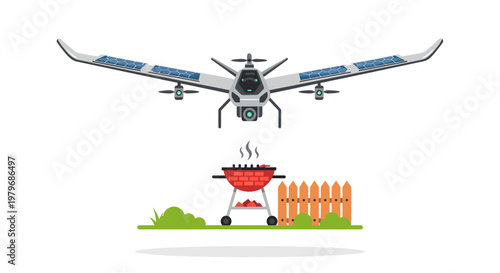 Drone delivering food to backyard barbecue grill