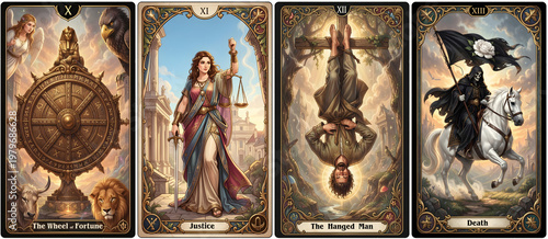 Card 10, 11, 12, 13 from the tarot.