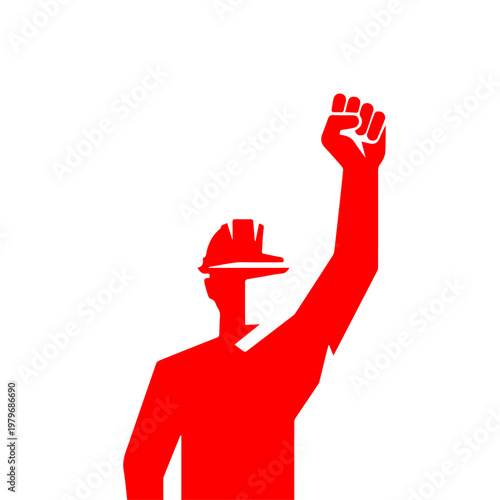 Red illustration of a construction worker raising their fist in the air, symbolizing strength, protest, and International Workers' Day celebration