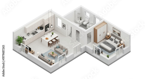 A modern apartment floor plan layout displays a spacious interior design with a living room, dining area, kitchen, bedroom, and bathroom in a sleek and contemporary style.