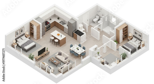 Modern apartment interior design showcases spacious living room with sleek kitchen and dining area in a well-lit open-plan layout