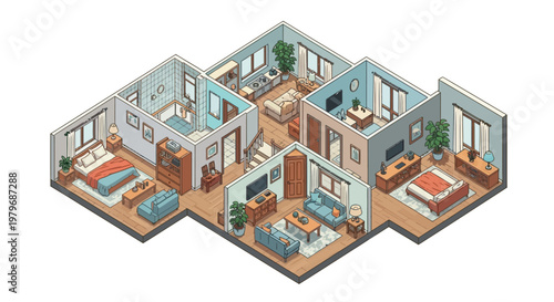 An isometric view of a modern apartment interior design showcases a spacious living room with a kitchen dining area and two bedrooms with bathrooms and balconies