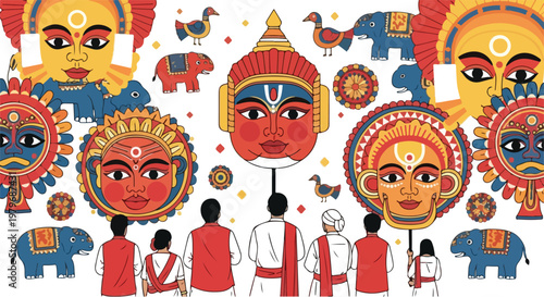 People observing a vibrant display of traditional Indian folk art masks and deity figures, surrounded by elephants and birds, in a colorful cultural celebration.