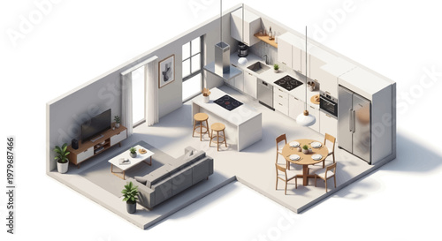 A modern apartment interior design layout showcases a spacious open-plan living area with a kitchen dining room and lounge featuring sleek furniture and decor