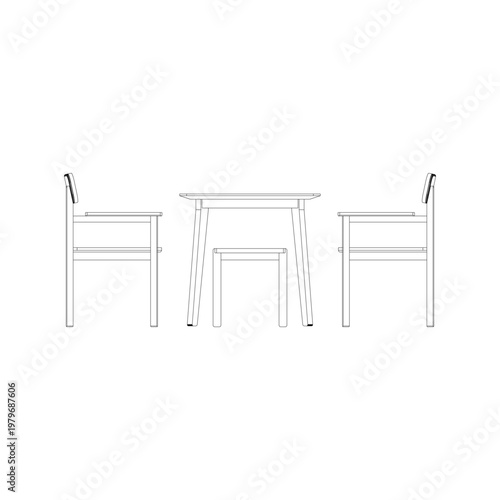 Side view of dining set with four armchairs and two stools in simple outline style, highlighting modern dining furniture profile.