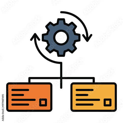 Simple gear turning between two connected rectangular boxes icon icon