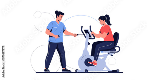 Physical therapist assisting woman on stationary bike for rehabilitation and fitness