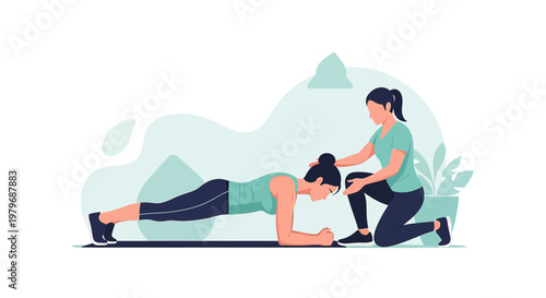 Physical therapist assisting woman in plank exercise for rehabilitation and fitness