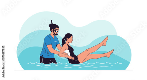 Physical therapist assisting woman with aquatic therapy exercise in pool
