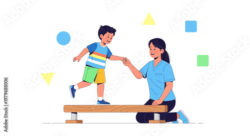 Physical Therapist Assists Child on Balance Beam, Promoting Development and Rehabilitation