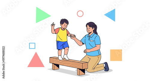 Physical Therapist Assists Child on Balance Beam, Promoting Motor Skills Development