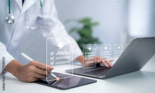 Doctor using tablet with digital medical checklist interface healthcare documentation patient record management clinical workflow quality control smart healthcare system concept