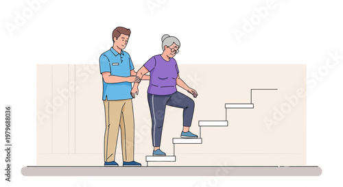Physical therapist assists elderly woman climbing stairs, rehabilitation and recovery concept