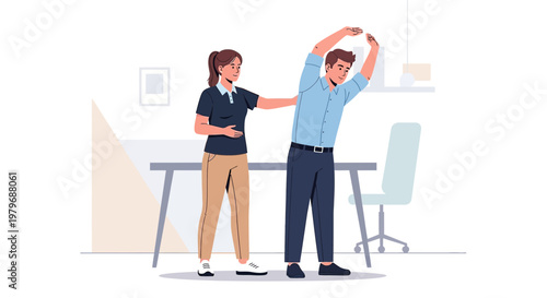 Physical Therapist Assists Man in Office Stretch for Back Pain Relief and Wellness