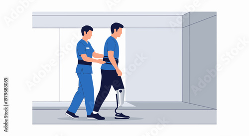 Physical Therapist Assists Man with Prosthetic Leg in Rehabilitation