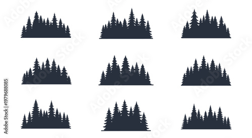 Collection of various pine forest silhouette icons.