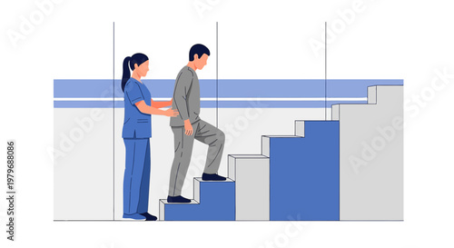 Physical Therapist Assists Patient Climbing Stairs Post-Surgery Recovery