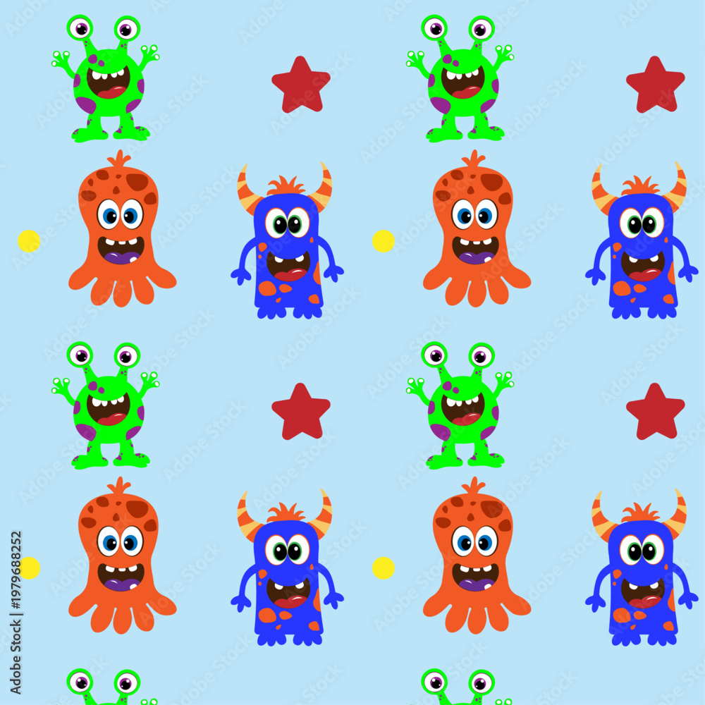 Obraz premium Seamless pattern with cute cartoon monsters, colorful funny creatures, kids blue repeating background
