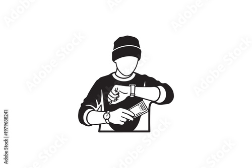 Hand Holding Ticket While Checking Time on Watch – Travel Timing and Departure Illustration for Airport Schedule and Journey Management Content