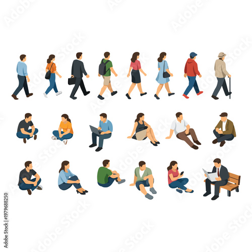 Isometric People Collection – Walking & Sitting Human Figures for Architecture Diagrams