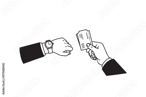 Hand Holding Ticket While Checking Time on Watch – Travel Timing and Departure Illustration for Airport Schedule and Journey Management Content