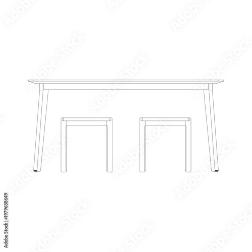 Front view outline of a dining set featuring a dining table and four stools, illustrated in clean elevation line drawing with balanced proportions and simple furniture structure.