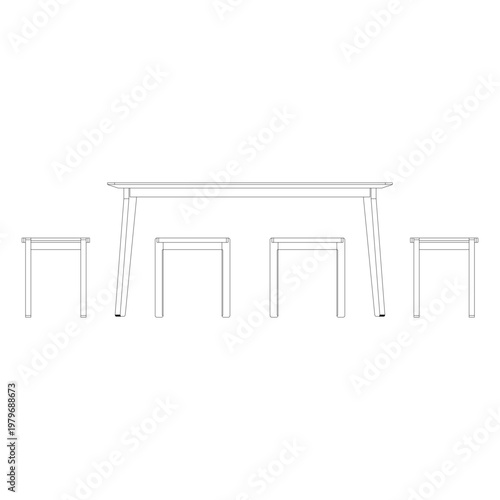 Front view outline of a dining set featuring a dining table and six stools, illustrated in clean elevation line drawing with balanced proportions and simple furniture structure.