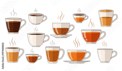 A set of colorful coffee cups with steam rising in a vector illustration