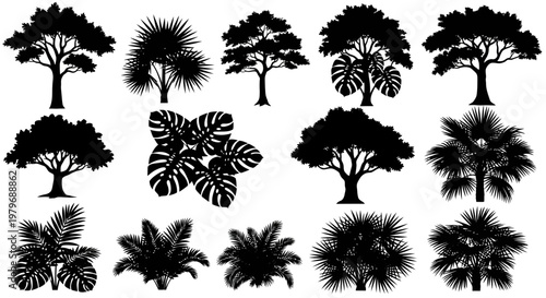 Collection of various tree silhouettes.