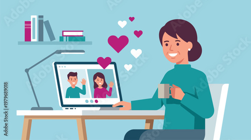 Woman on Video Call with Family Photos on Laptop