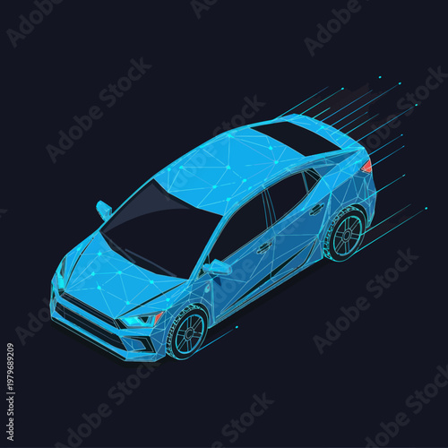 Futuristic Blue Car with Speed Lines on Dark Background.