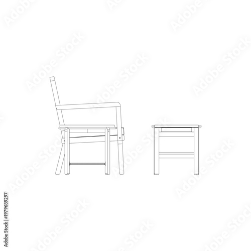Side view outline of a living room set including a 2 seater sofa, stool, rectangular coffee table, and round small coffee table emphasizing furniture profile.