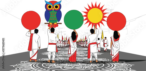 A vibrant cultural procession featuring individuals in traditional white and red garments carrying symbolic representations of an owl, sun, and colorful circles on a decorated path.