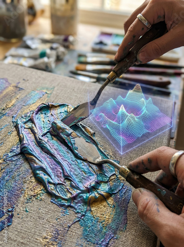 Artist Painting on Canvas with Colorful Digital Holographic Overlays