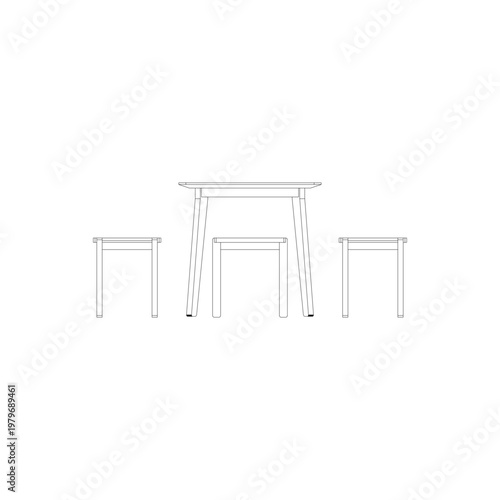 Front view outline of a square dining set with four stools, illustrated in clean elevation line drawing showing balanced proportions and simple furniture structure.