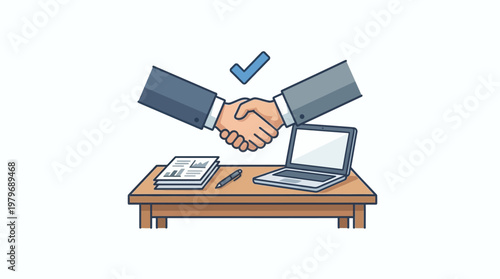 Business partnership handshake with a checkmark on a desk with a laptop and pen, symbolizing agreement and success