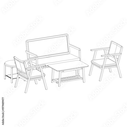 Perspective outline drawing of a living room set with 2 seater sofa, two single seater sofas, rectangular coffee table, and round side table highlighting depth and composition.