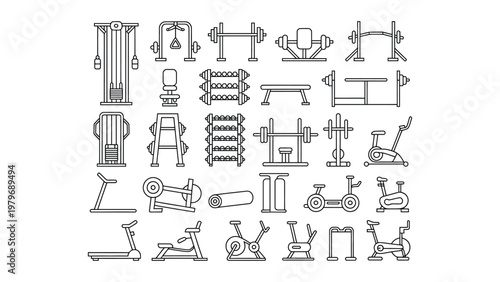 Top View Gym Equipment Vector Set: Fitness Machines, Weights, Yoga Mats Plan Symbols and Treadmills.