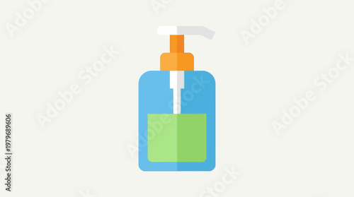 Liquid soap dispenser with pump and green liquid inside, isolated on a light grey background
