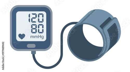 Illustration of a digital blood pressure monitor showing a reading of 120 over 80 mmHg and a cuff attached, representing a health check