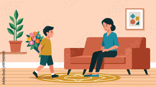 Child presenting bouquet to seated woman in living room