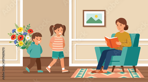 Mother reading book while children enter cozy living room with chair and rug